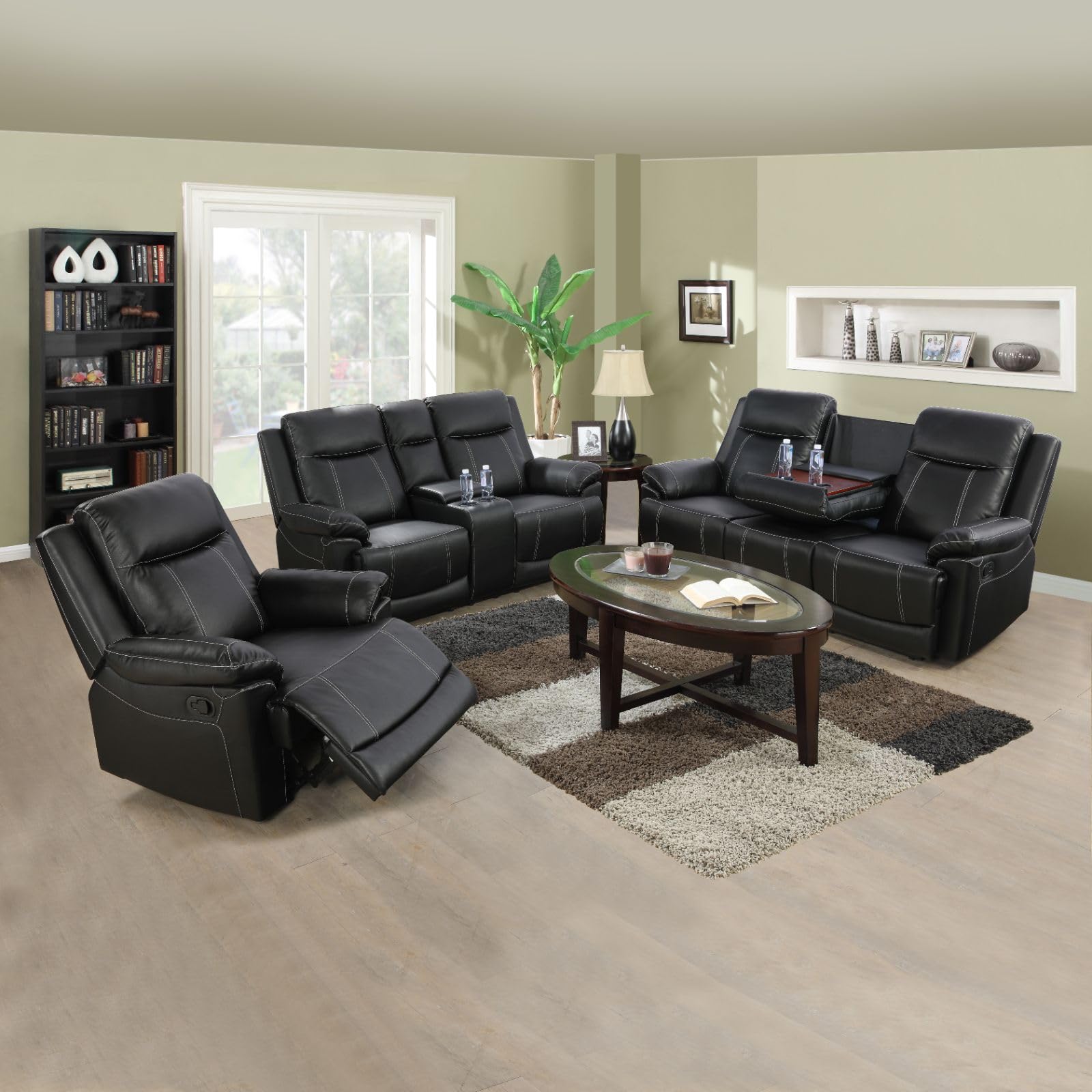 Living Room Furniture Sets, 3 Pieces Manual Sectional Recliner Include Three Seater Sleeper Sofa/Loveseat/Armchair, Leather Couch with Drop Down Table & 2 Cup Holder, Home Theater Seating