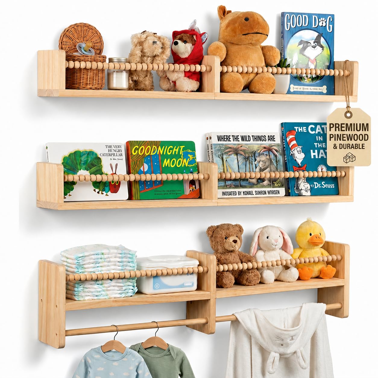 Stelzriede Nursery Shelves for Wall with Hanging Rod Set of 3 Wooden Shelves