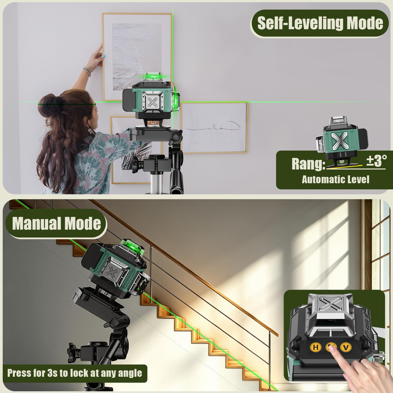 Livella Laser Autolivellante 16 Linee, 4 X 360 °Livello Laser Autolivellante Verde, 2 x Batterie, Luminosità regolabile, Supporto rotante, Telecomando, Base Magnetica