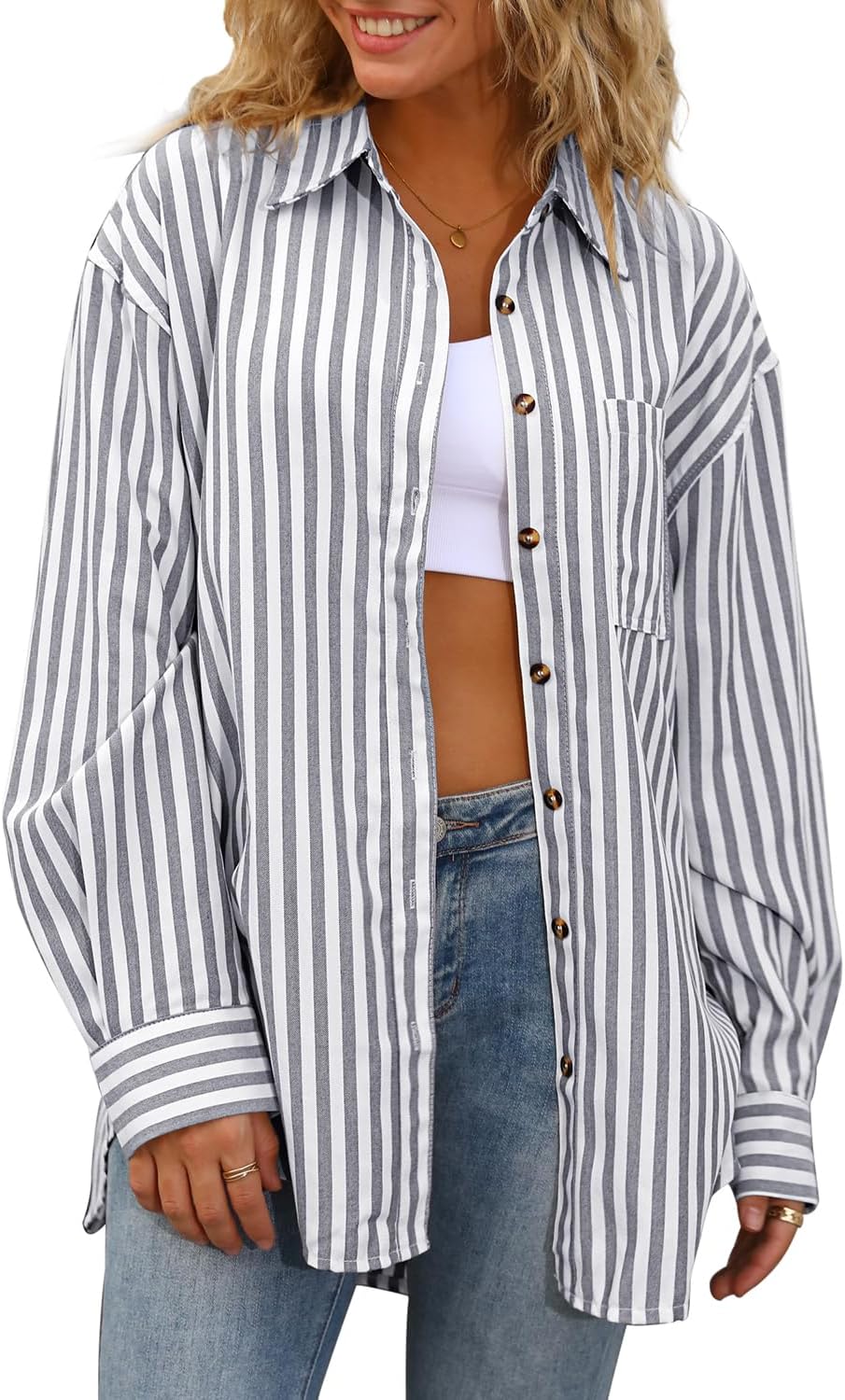 CHYRII Womens Striped Button Down Shirt Casual Long Sleeve Blouse Top