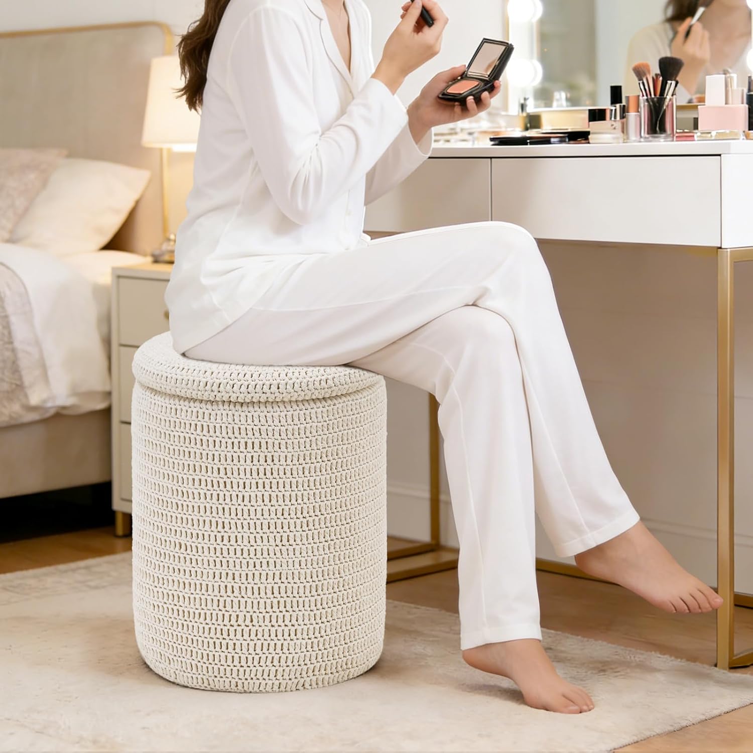 Wimarsbon Pouf Ottoman, 100% Cotton Knitted Boho Footstool, Round Footrest with Non-Skid Wood Legs, Home Décor Handmade Pouffe, Leisure Floor Step Stool for Living Room (14inch White Storage Ottoman)