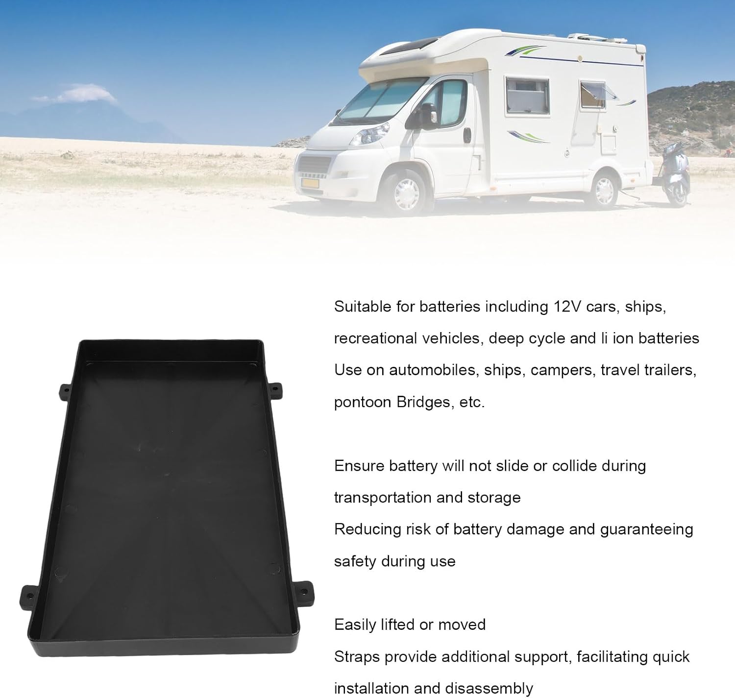 RV Battery Tray, Marine Battery Holder Tray with Hold Down Strap, 12V Boat Battery Holder for 12V RV Automotive Trailer Yatch Battery (Large Size)