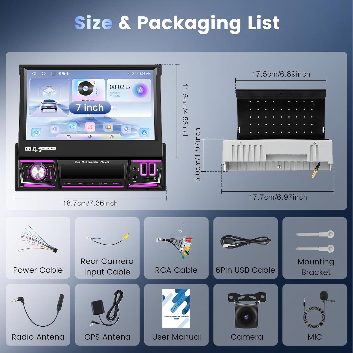 Hodozzy Car Stereo Package Contents and Dimensions