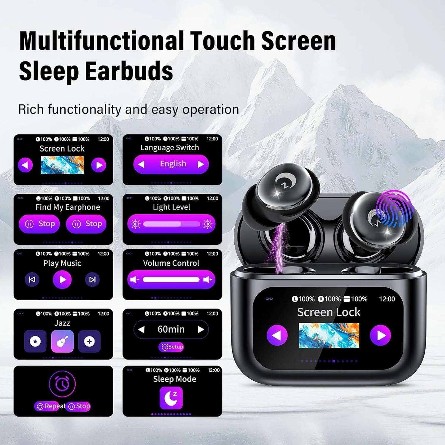 Sleep Earbuds Bluetooth 5.4 in Ear Smart Touch Screen Headphones, 48H Noise Cancelling Ear Buds with 5 EQ Modes, Mini Wireless Headphones Small Design for Side Sleepers, Clear Calls Earphones, IPX7