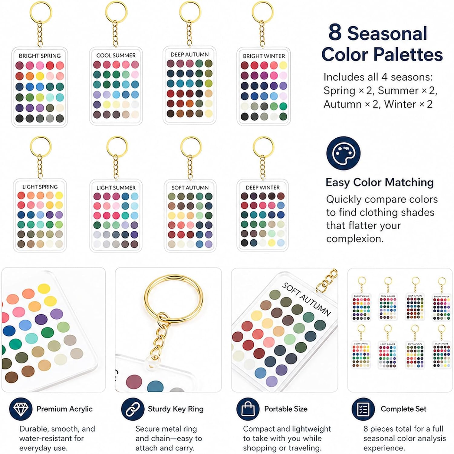aadwiwk 8PCS Soft Autumn Color Palette Card, Seasonal Colors Analysis Swatches Keychain, Colors Swatches Color Analysis, Personal Style Development, Fashion Accessory Coordination