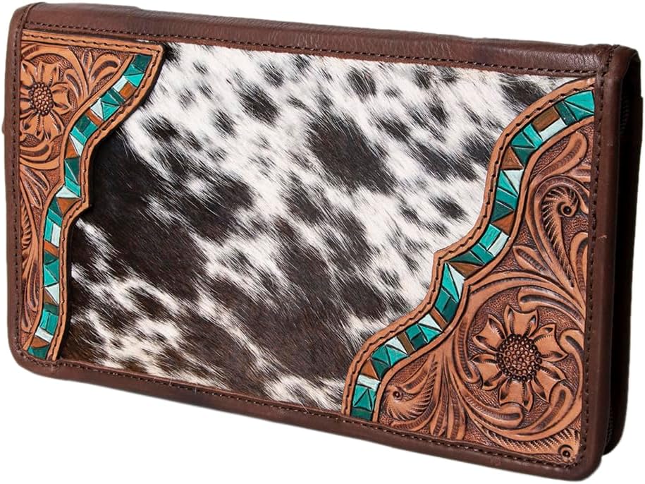American Darling Women's Hair-On Cowhide Jewelry Case Hand Tooled Floral Carved Eco-Friendly Vegetable-Tanned Genuine Leather