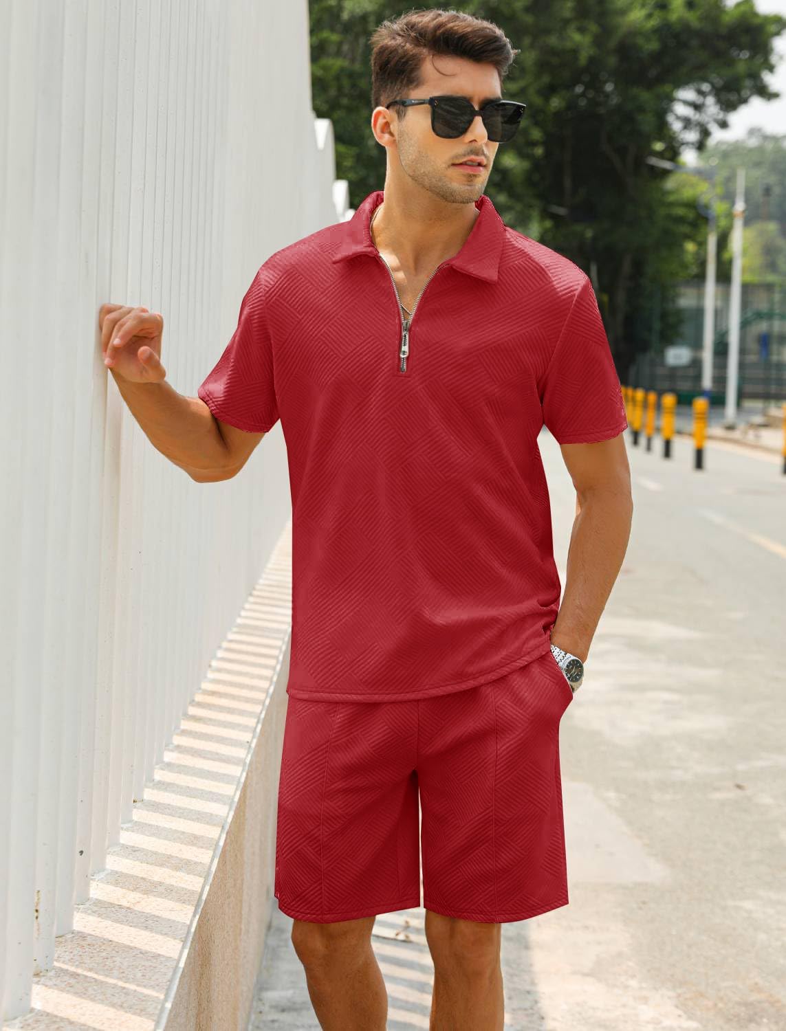EISHOPEER Men's Polo Shirt and Shorts Set Fashion Zipper 2 Pieces Outfits - Image 2
