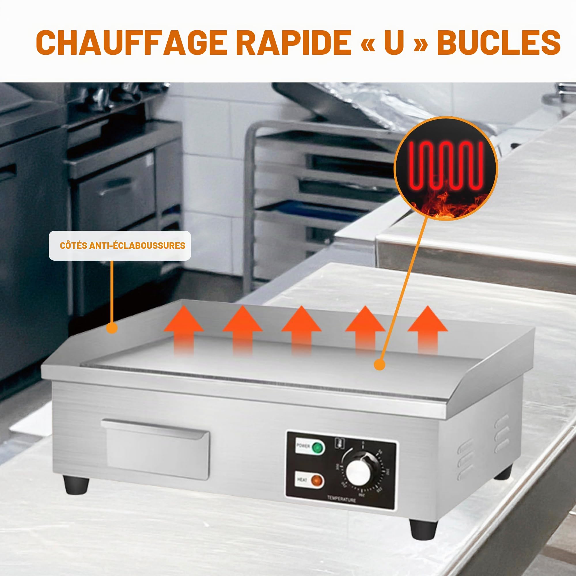 Plancha Électrique de Cuisine.Plaque de Cuisson Professionnelle 55x35cm de Acier Inoxydable.Température de 50-300ºC avec Bac Collecteur de Graisse.Pour Viande,Poisson, Légumes.3000W