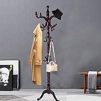 Vista 13 de Percheros de pie con 14 ganchos, perchero de madera natural con base redonda sólida, percheros de altura ajustable, fácil montaje para pasillo