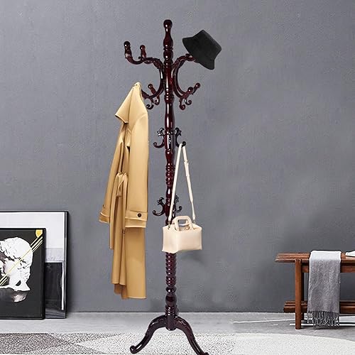 Miniatura 13 de Percheros de pie con 14 ganchos, perchero de madera natural con base redonda sólida, percheros de altura ajustable, fácil montaje para pasillo,