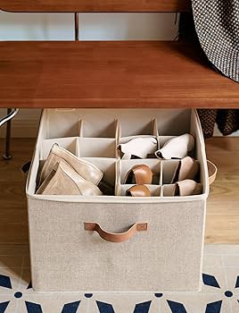 StorageWorks Fabric Shoe Organizer For Closet, Shoe Storage Bins With Clear Cover And Fixed Dividers Beige 1 Pack