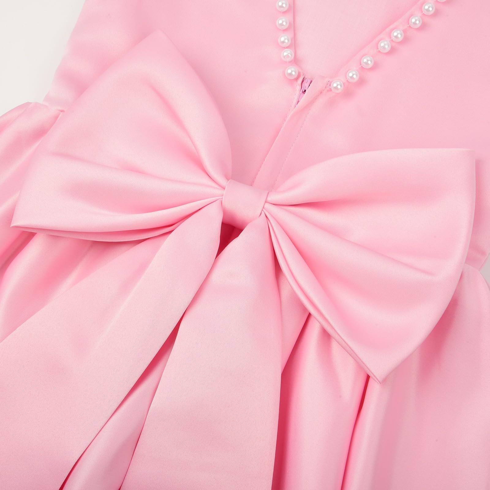 Uhnice Vestito Bambina Cerimonia Satin Maniche Svolazzanti con Perle Lunghezza Ginocchio con Fiocco Rimovibile