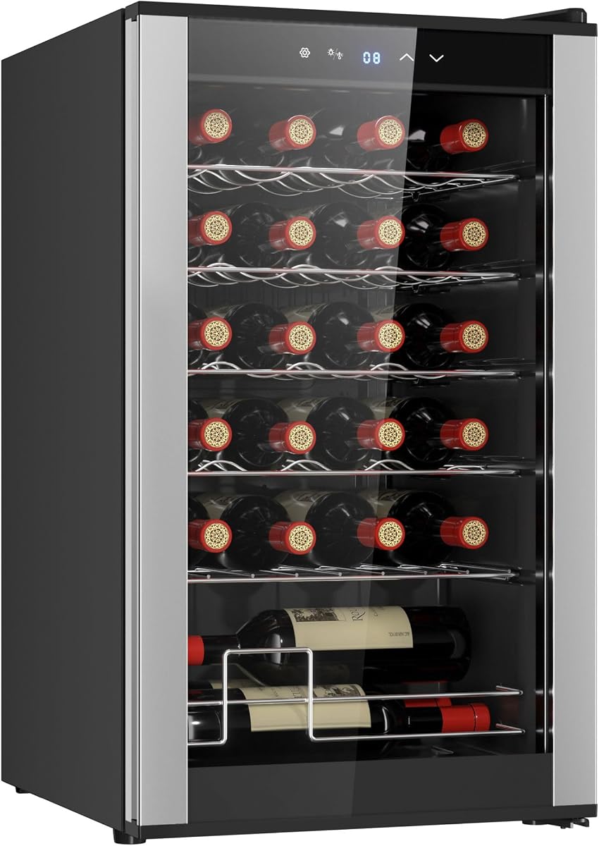 24 Bottle Wine Cooler Black Compressor Wine Fridge | 2.4 cu ft (68 L) Freestanding Wine Cellar | Red White & Sparkling Wine Storage | UV-Blocking Glass | Home Bar Kitchen Apartment Condo