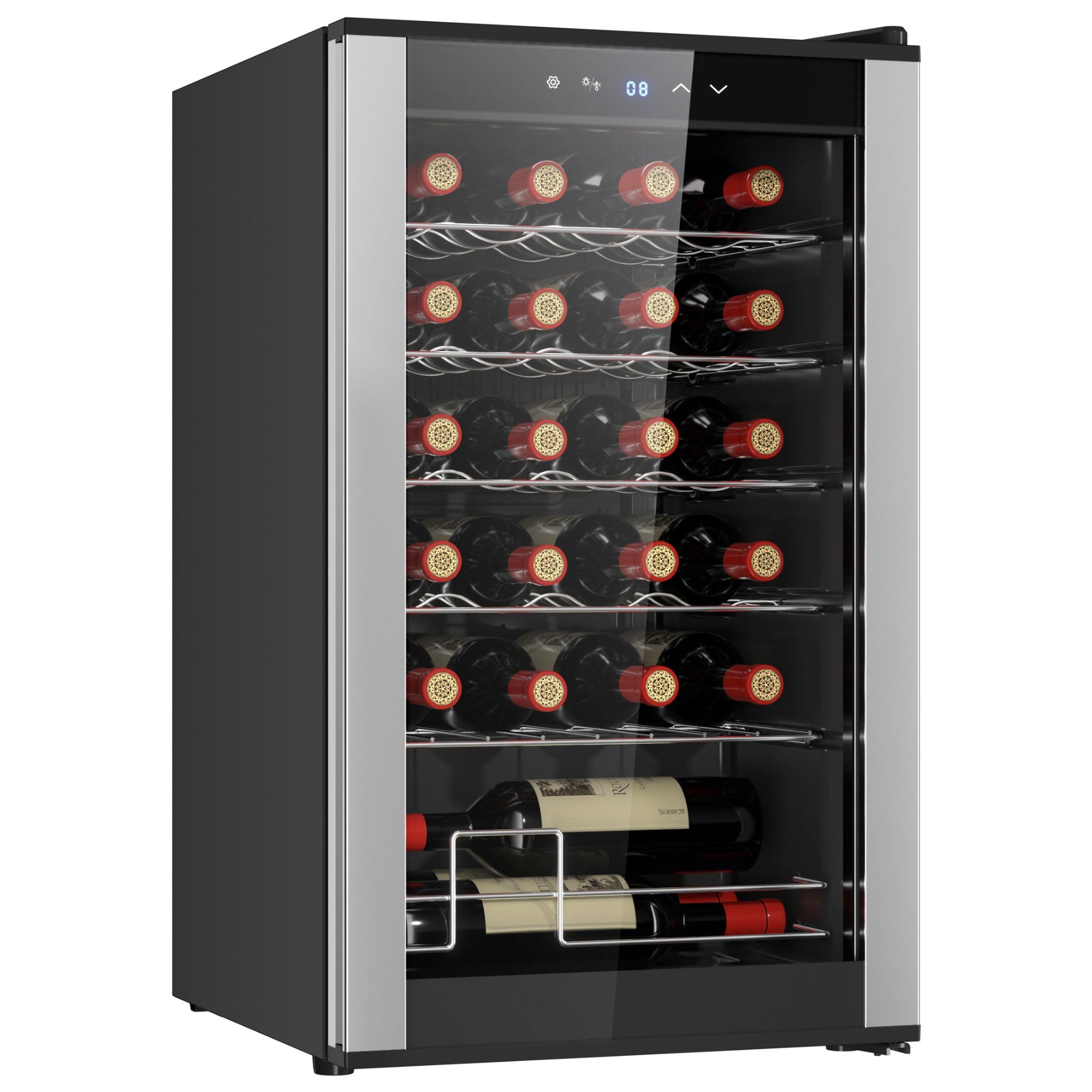 24 Bottle Wine Cooler Black Compressor Wine Fridge | 2.4 cu ft (68 L) Freestanding Wine Cellar | Red White & Sparkling Wine Storage | UV-Blocking Glass | Home Bar Kitchen Apartment Condo