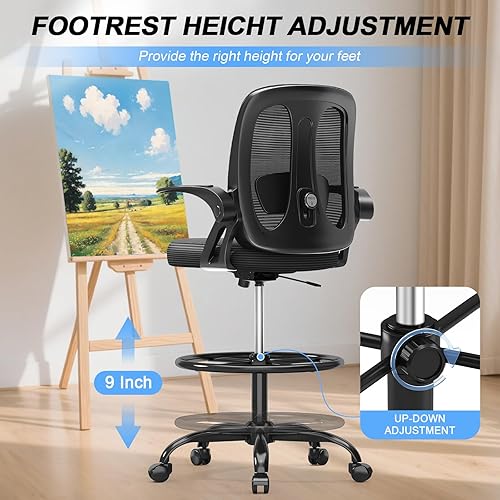 Miniatura 5 de Alllion Silla de dibujo, silla de oficina alta con reposabrazos abatibles, silla ergonómica de pie para computadora, silla de escritorio alta