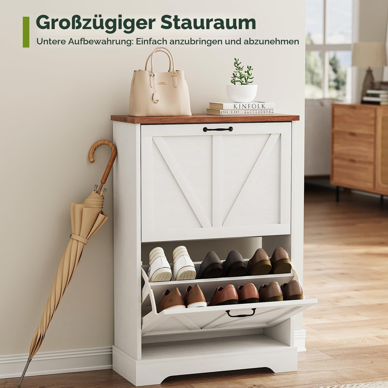 Smart FENDEE Schuhschrank, Schuhschrank für den Eingangsbereich, mit 2 Klappschubladen, schmaler Bauernhaus-Schuh-Organizer-Schrank, schmaler Schuhregal, Weiß