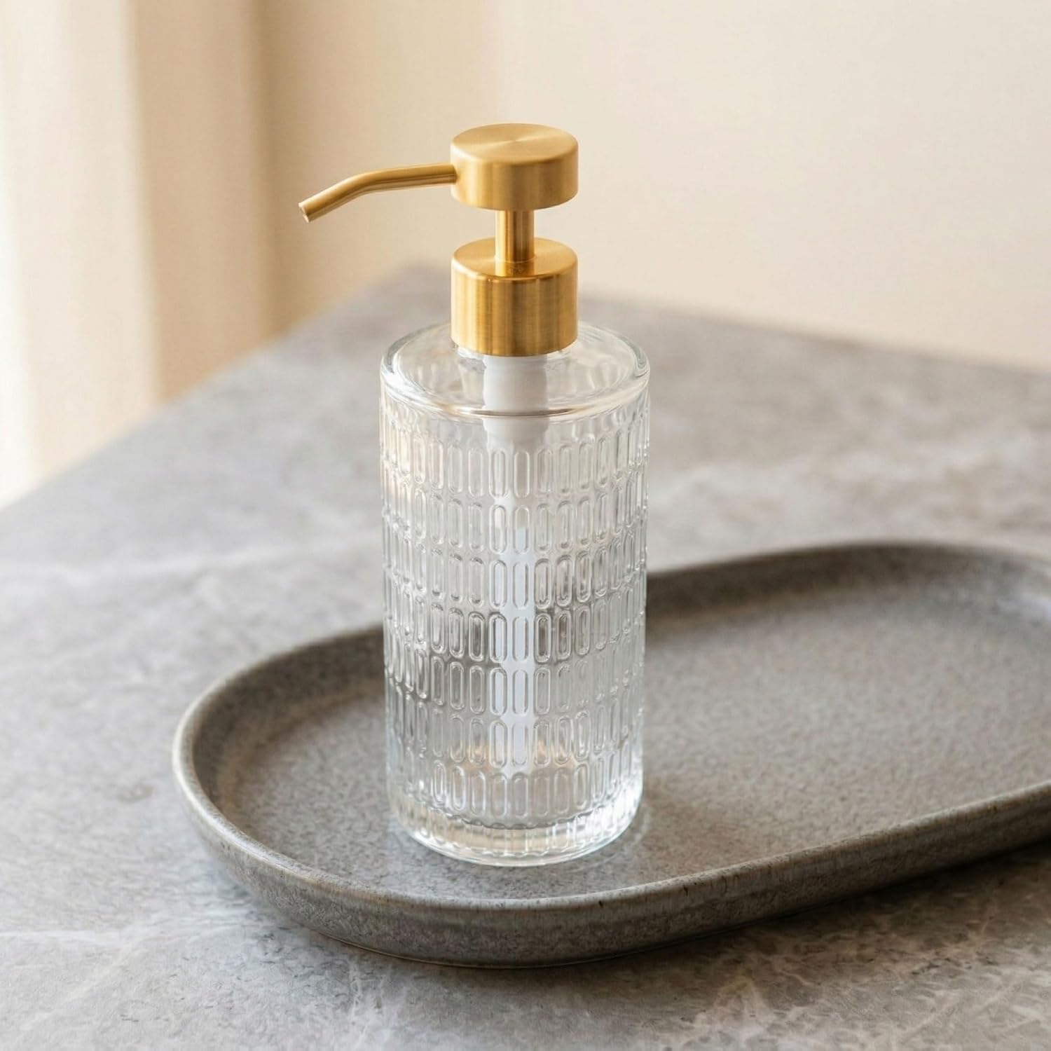 Elegant Fluted Glass Soap Dispenser with Stainless Steel Pump, 17oz Vintage Art Deco Style Clear Ribbed Glass Bottle for Bathroom, Dish Soap Dispenser for Kitchen (Gold Pump)