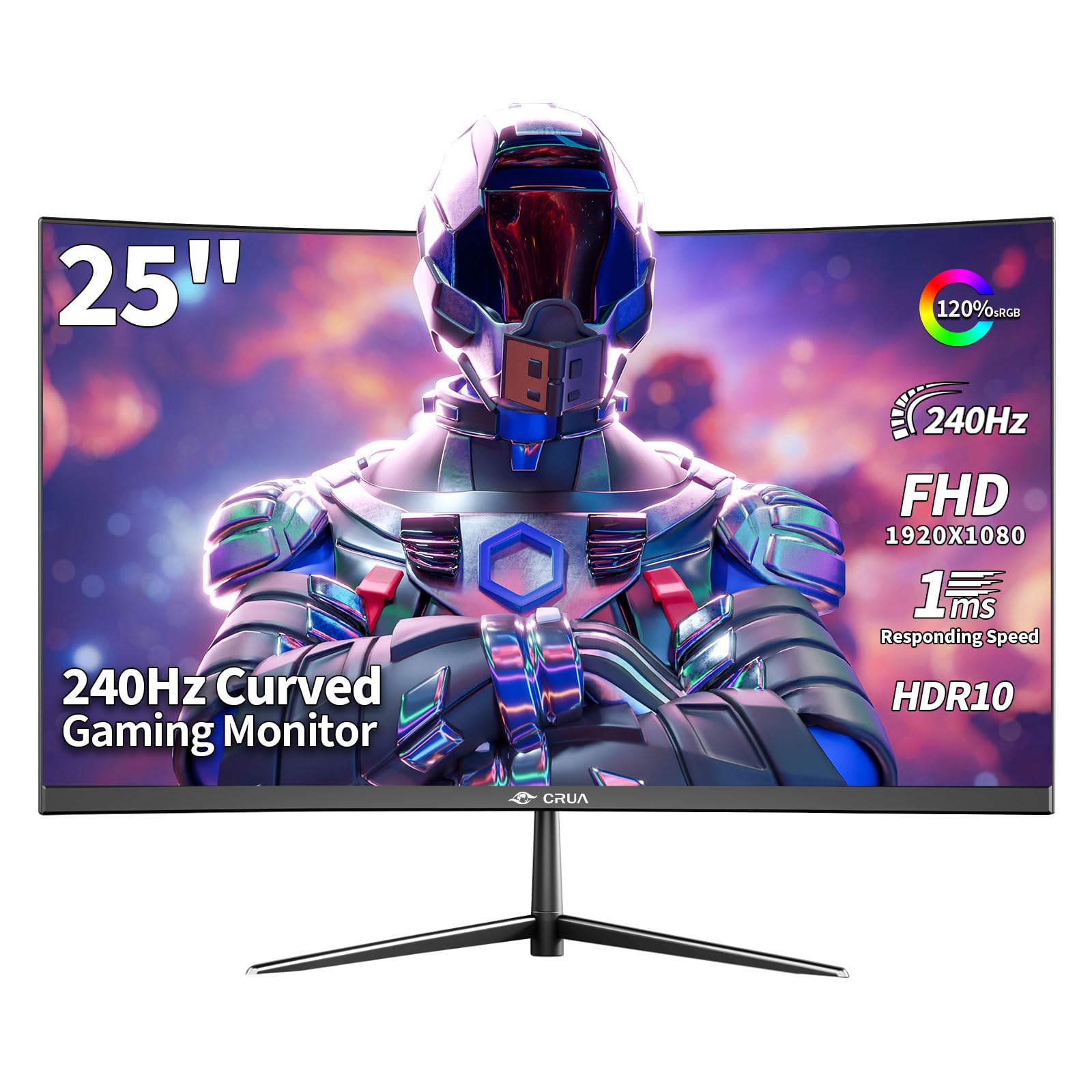 CRUA Moniteur de Jeu 24.5 Pouces FHD (1920 x 1080), Incurvé Écran PC, 240 Hz, 1 ms (MPRT), Adaptive Sync, 120% sRGB,Technologie Eye Care Plus, lumière Bleue, Flicker Free,VESA,DP, HDMI,Noir