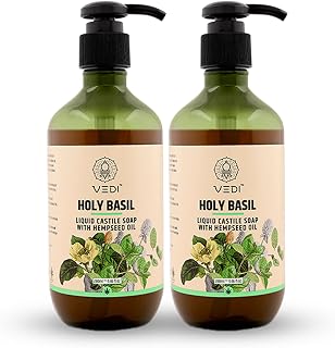 Vedi Basil Liquid Castile Soap 280ml (Pack of 2) | Hemp-Based Natural Body & Hand Wash | Infused with Skin Nourishing Oils |Vegan | SLS & Paraben Free | Refreshing Herbal Cleanser