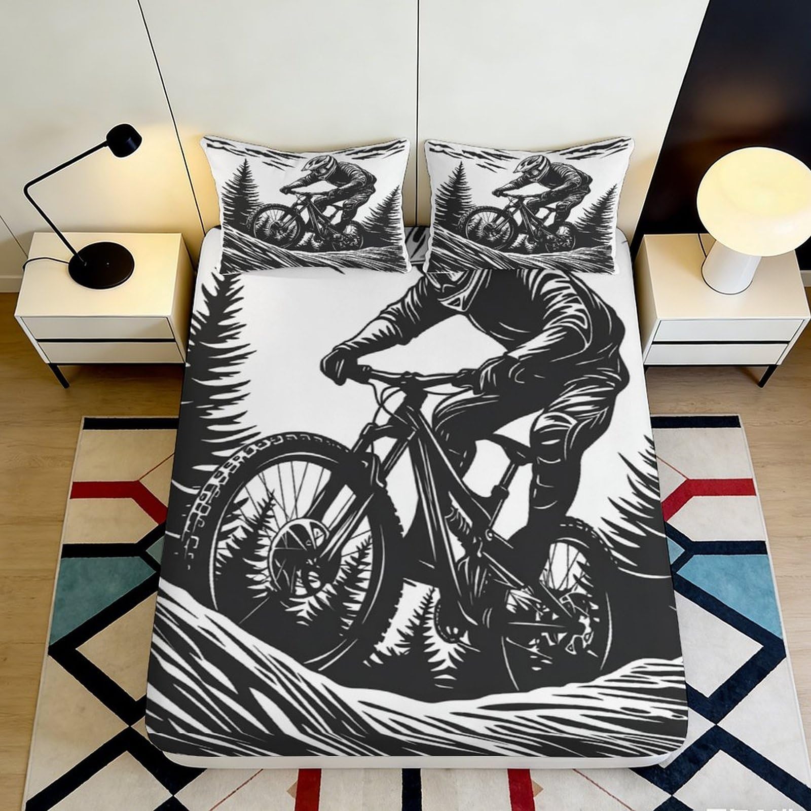 3D Printed Mountain Bike Fitted Sheet Microfiber Deep Pocket Non-Slip Mountain Cycling Mattress Fitted Cover Bedroom Bedding 90x200x25cm