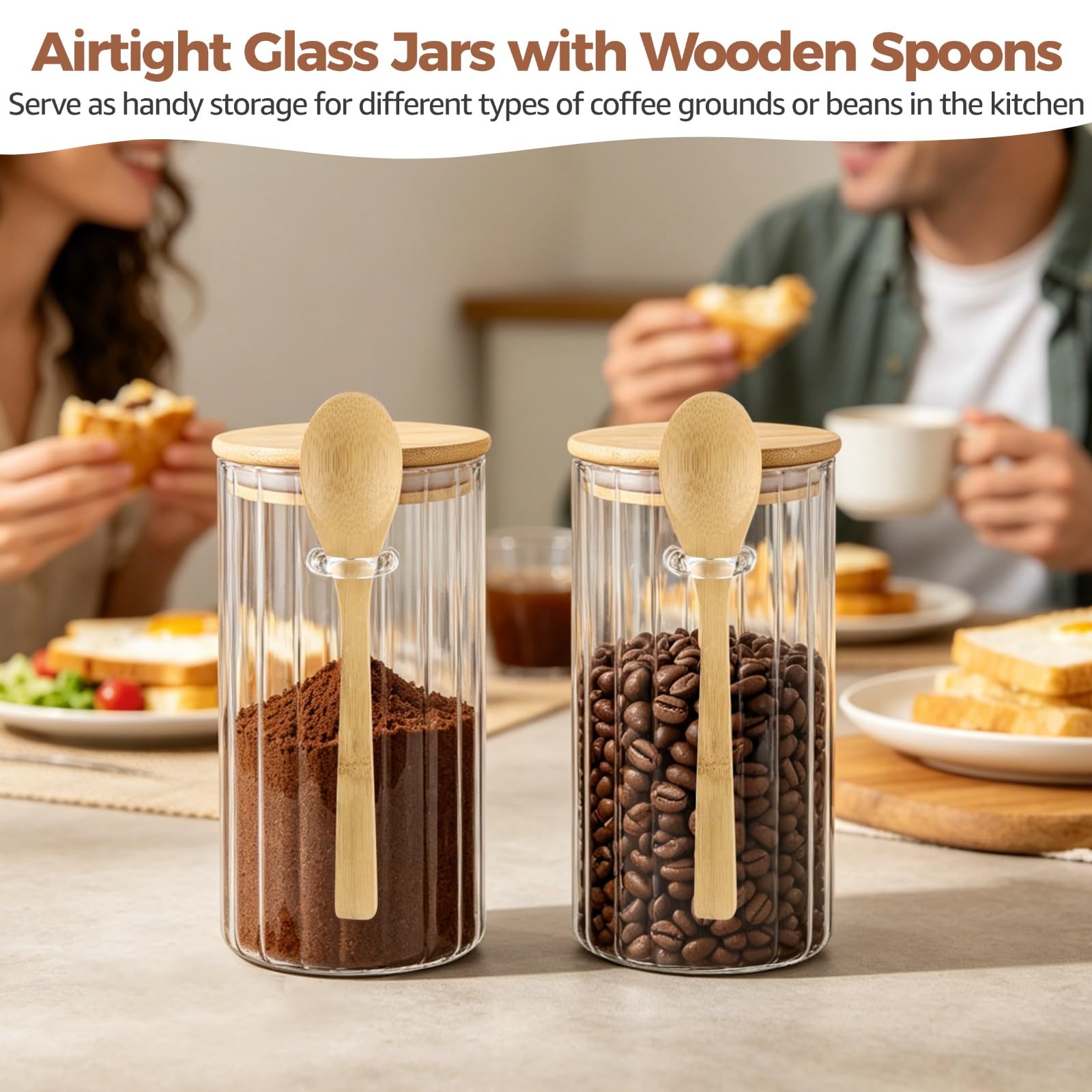 2 Stk. Glas-Vorratsgläser, luftdichte Lebensmittelbehälter mit Holzdeckel, Löffeln und Streifendesign, stapelbare Kaffee- und Zuckerbehälter für Tee, Bohnen, Trockenwaren, 3,35 x 3,35 x 5,91 in