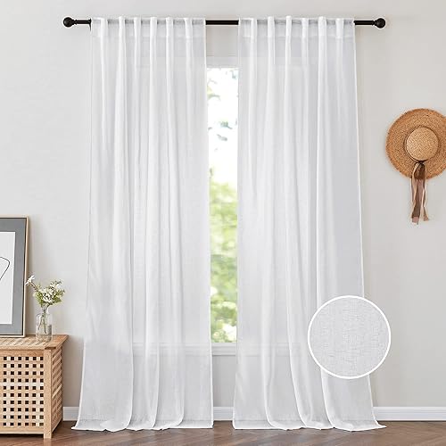 Vista 66 de PONY DANCE Cortinas transparentes para cocina, cenefas transparentes de lino sintético con textura, elegantes cortinas de gasa con pestaña trasera