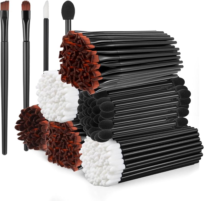 300PCS Disposable Makeup Brushes Set, 150 Angled/Round Disposable Eyebrow Tint Brush 50 Double-End Eyeshadow Brushes 100 Lipstick Applicators Lip Wand Salon Cosmetic Make up Tools
