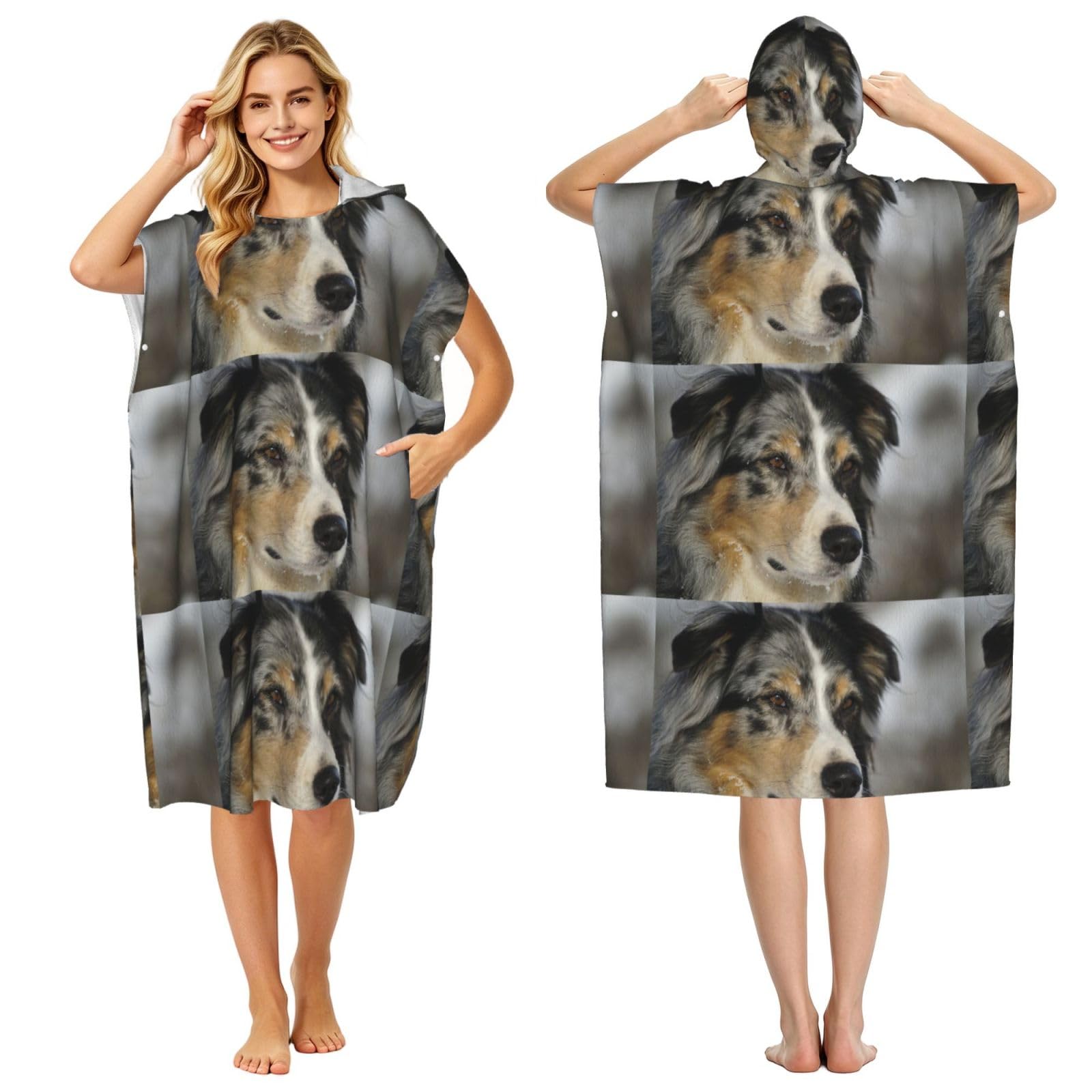 Poadnly Australian Shepherd, Adult Hooded Beach Towel 90 x 110 cm,Changing Bath Robe, Surf Poncho Towel For Women Men
