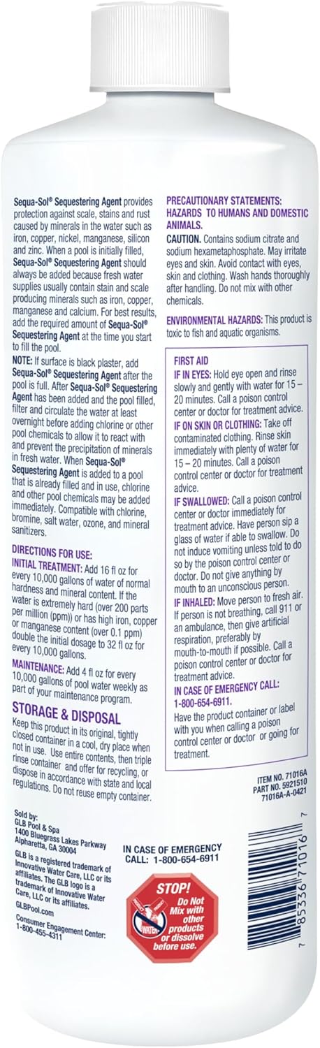 GLB Sequa-Sol 32 FL OZ (71016A) Pool Metal Control Solution with My Garden Pool Measuring Cup & 7-in-1 Test Kit, 4-Pack