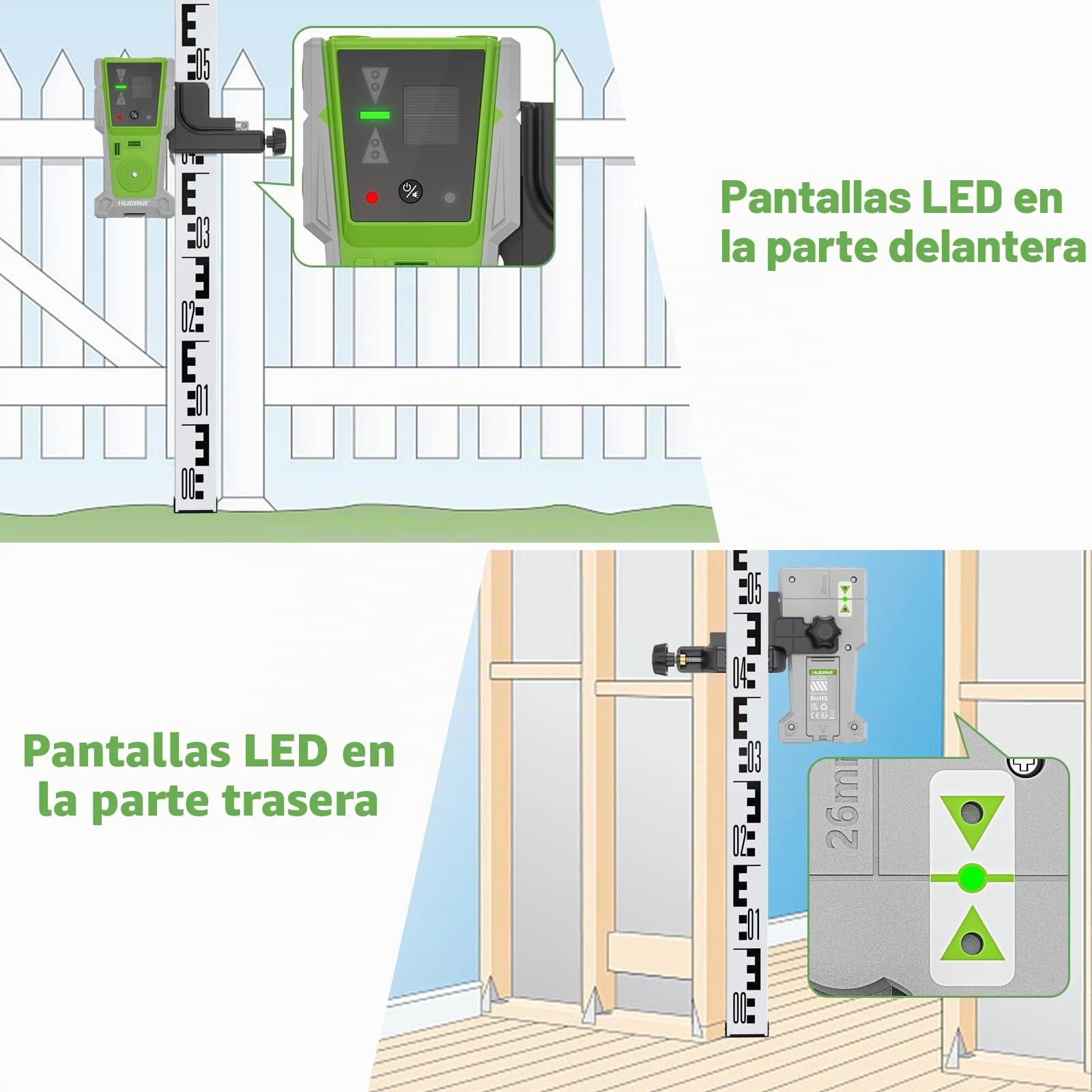 Huepar Detector láser LR-8RG para nivelación láser, receptor láser digital para haz verde y rojo, pantalla LED de doble cara e imán, lámpara doble y zumbador de 90 dB