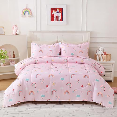 Kids Queen Comforter Set for Girls Rainbow Bedding Set Pink