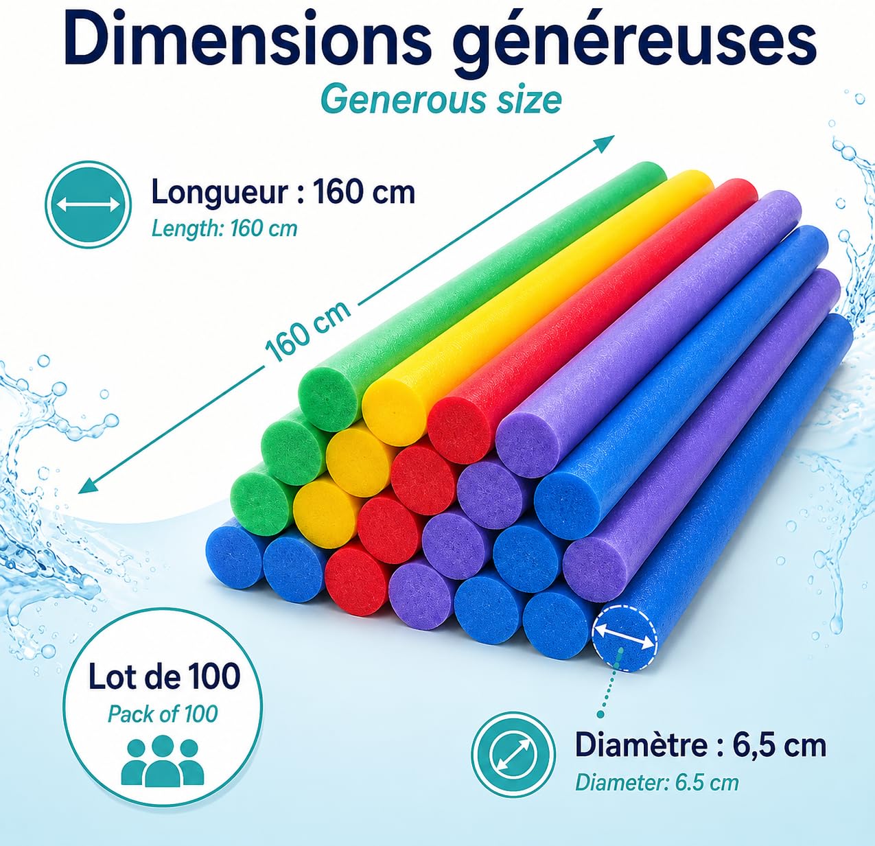 Lot 100 Frites de Piscine Mousse Flottantes 160 cm x 6,5 cm - Multicolores Souples et Resistantes - Accessoires Jeux Eau Piscine Mer Plage Aquagym Natation Enfants Adultes - Fun Noodle - Nouille