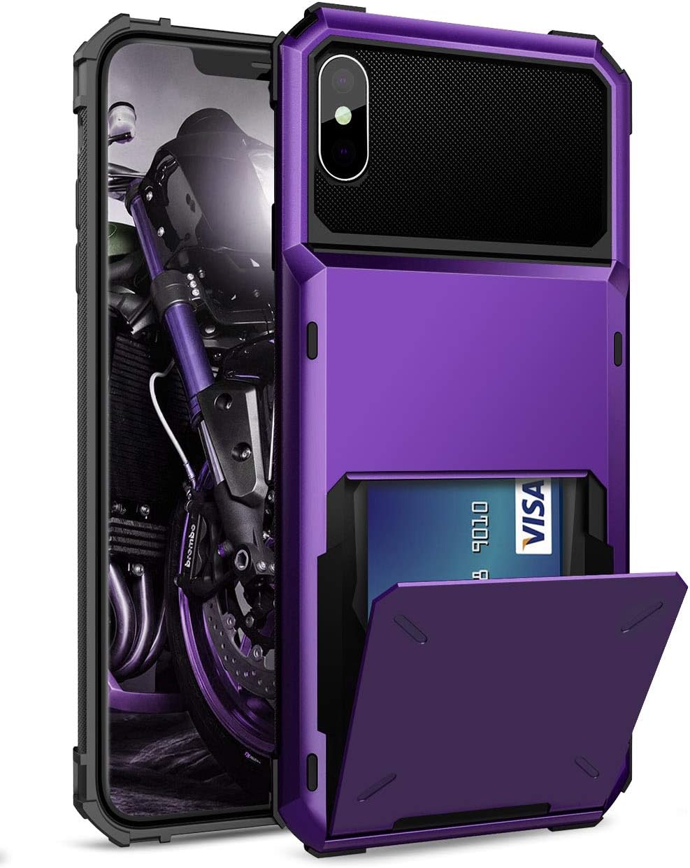 ELOVEN Case for iPhone X Case, iPhone Xs Case Wallet with Card Holder Credit Card ID Hidden Slot Shock Absorption Duty Drop Protective Bumper Rugged TPU Cover for iPhone X XS, Purple