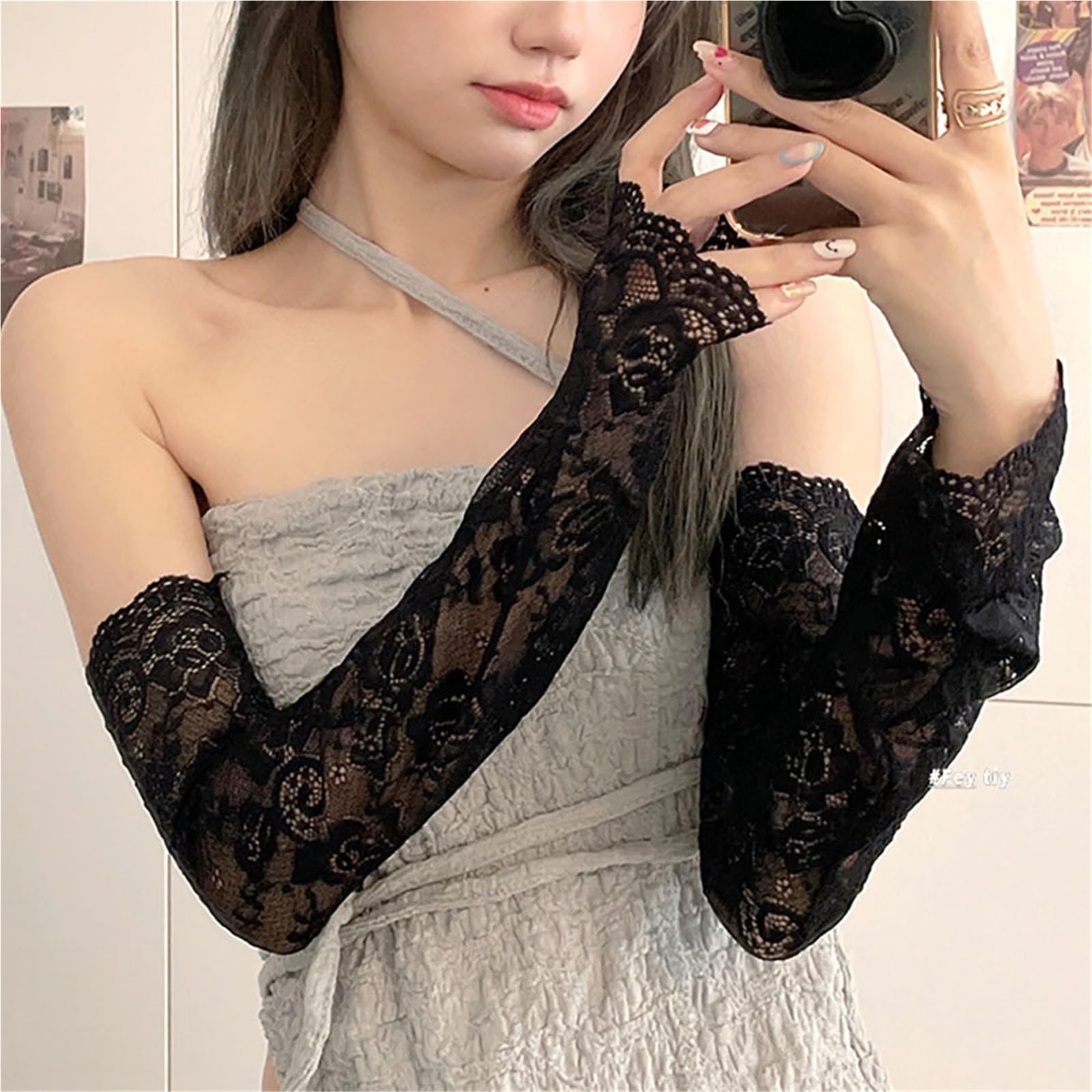 4 Pares de Guantes de conducción elásticos con Mangas de Encaje y Flores for Mujer, Elegantes, Largos, sin Dedos, Guantes de protección Solar para Boda, Graduación(Black)