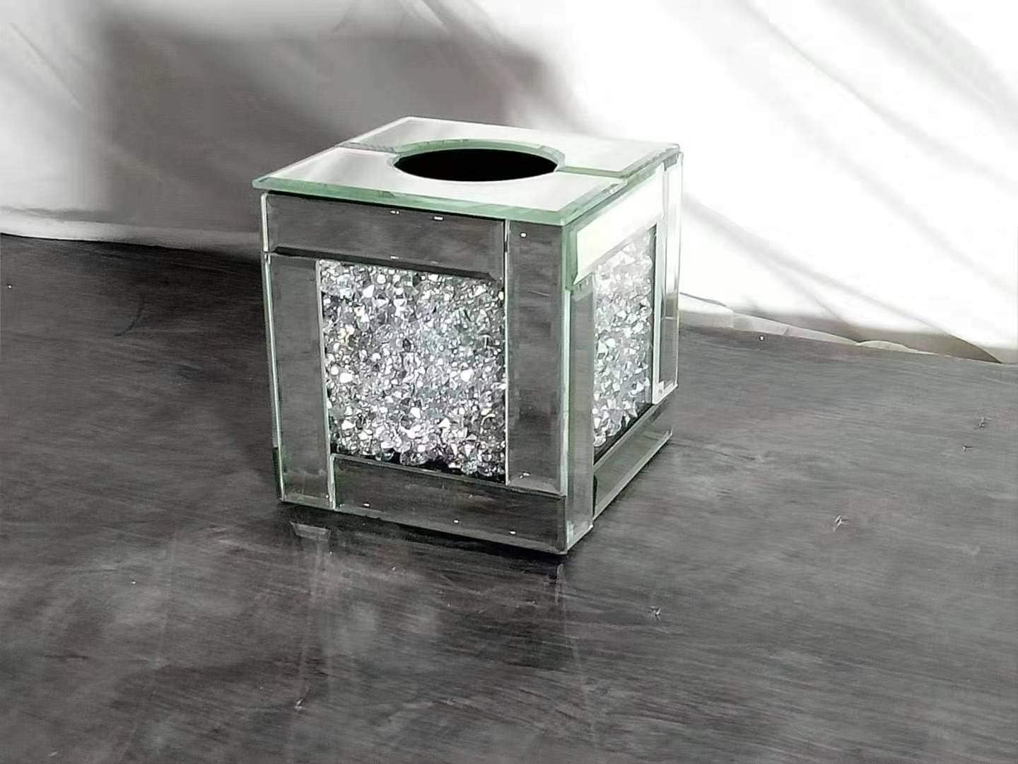 TOV® Diamond Crushed Tissue Box Paper CANISTERS Jars Storage Silver Trimmings Crystal Filled Diamond Crushed Glass Mirror Cube Tissue Box Holder Bathroom Dressing Table Decoration