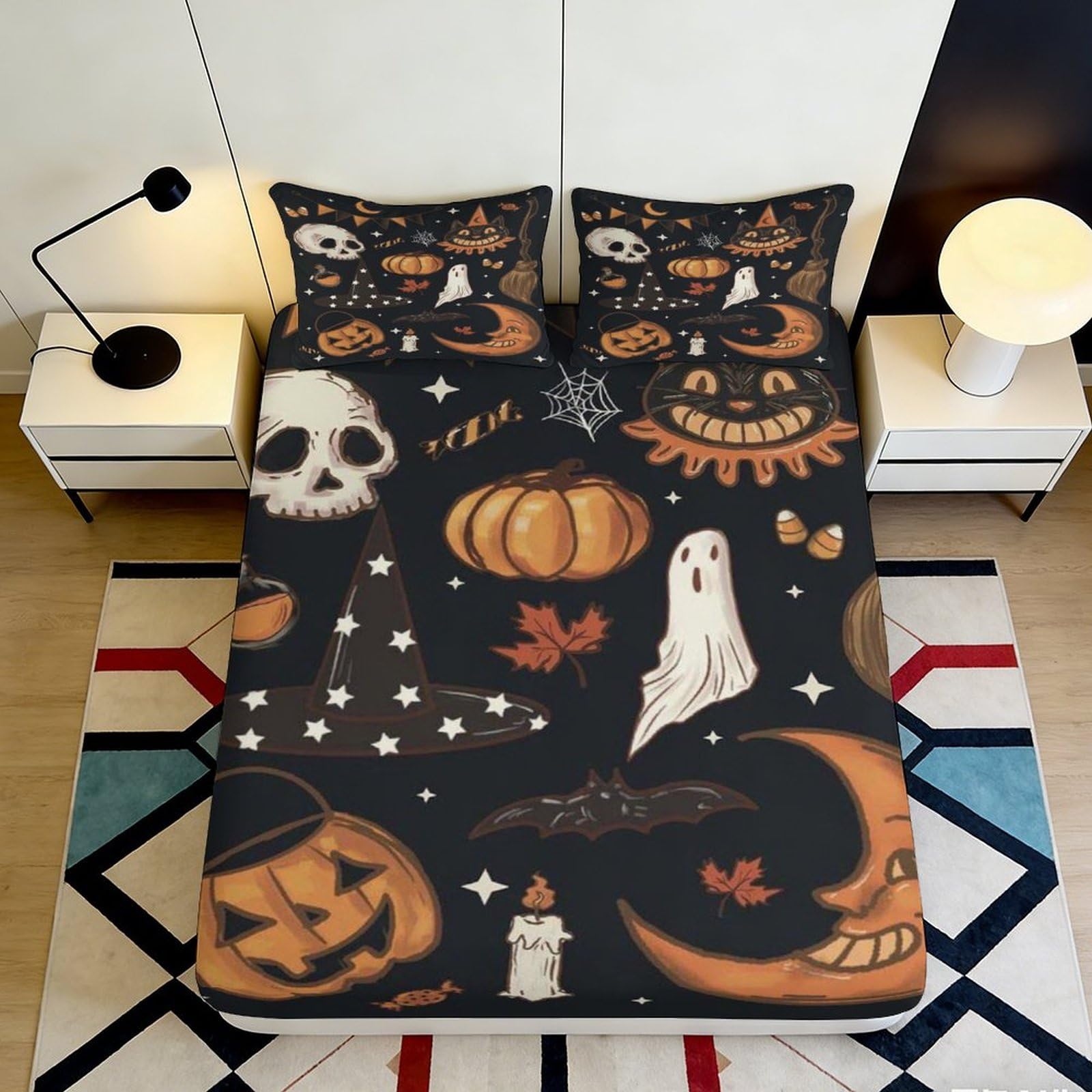 3D Printed Halloween Pumpkin Fitted Sheet Microfiber Soft Breathable Ghost Bed Sheet for Bedroom Dormitory Guest Room Mattress Protection Decor 200x200x25cm