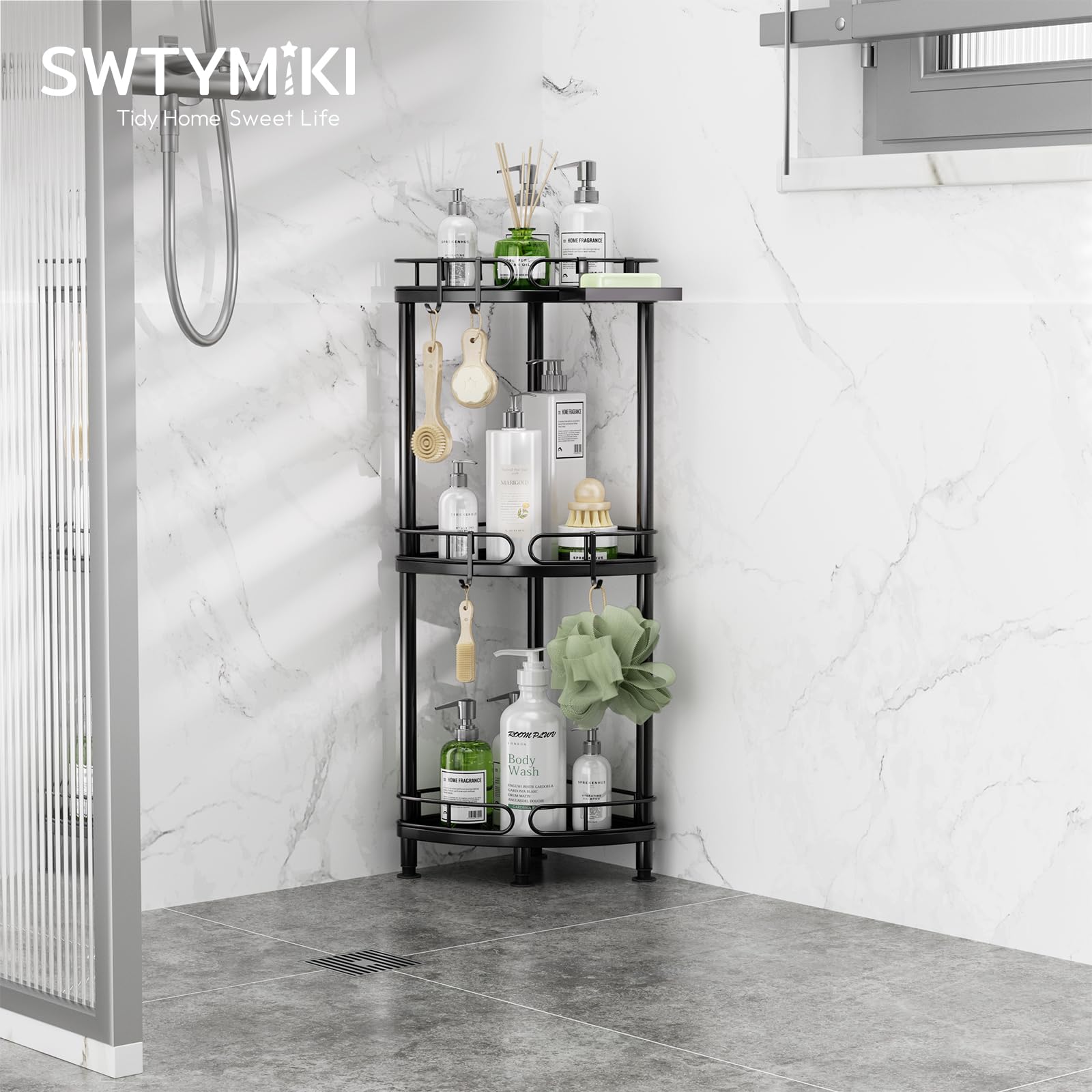 SWTYMIKI Corner Shower Caddy Standing, 3 Tier Stainless Steel Shower Organizer Stand with 4 Hooks & Soap Holder - Image 3