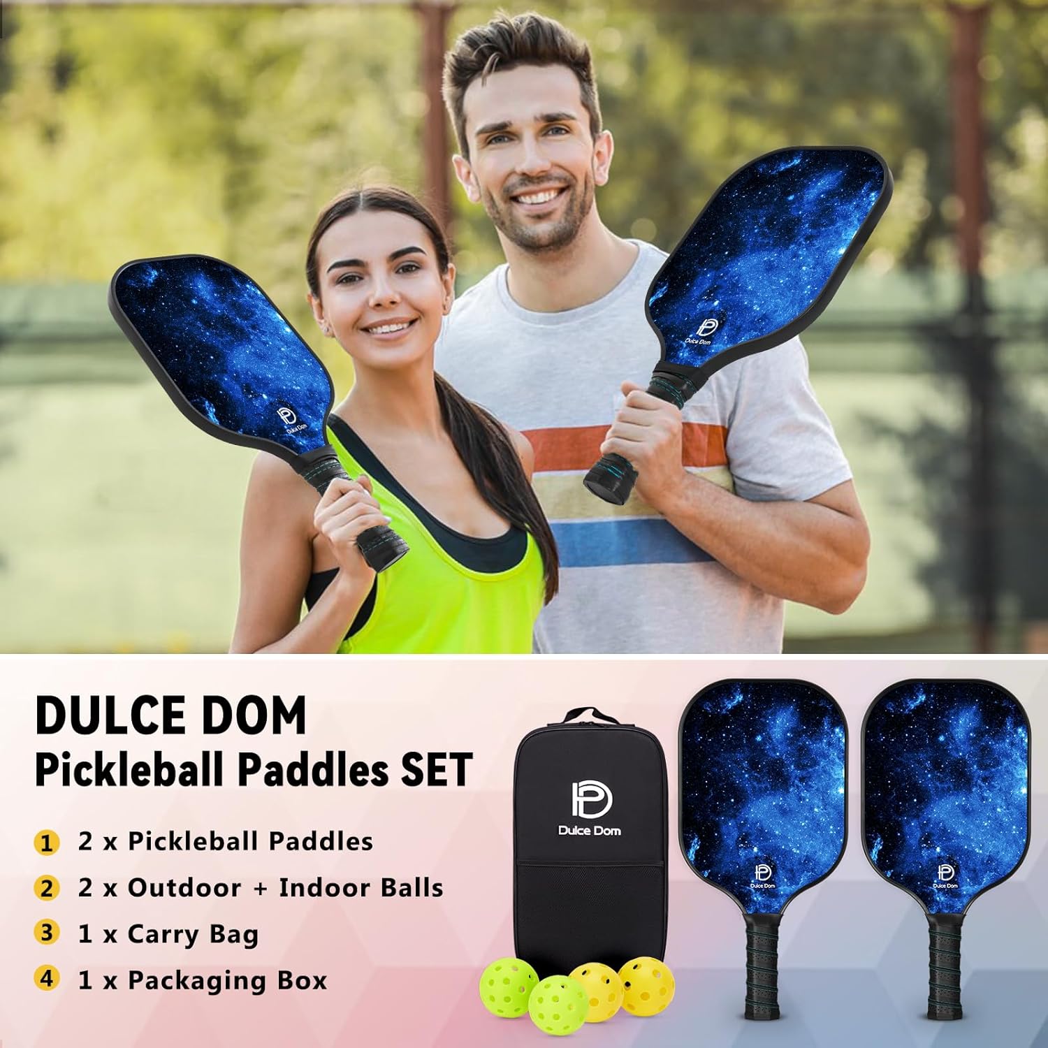Dulce DOM Pickleball Paddles Set of 2/4 - USAPA Approved, 4 Indoor Outdoor Pickleball Balls, Fiberglass Surface Paddle Racket with Cover Bag, Ideal Training Equipment Gift for Men & Women