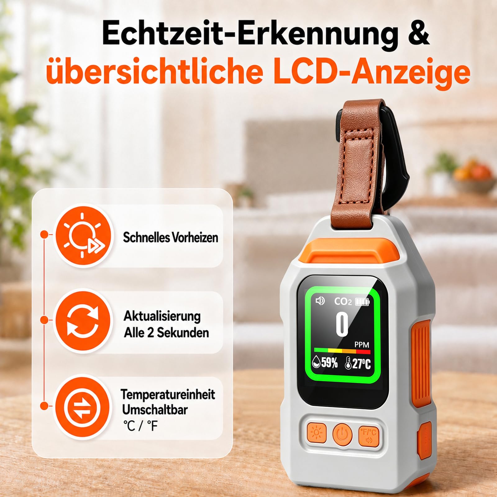 4-in-1 Tragbarer Kohlenmonoxid Melder, 300 Stunden Akkulebensdauer, Thermometer und Hygrometer mit Alarmfunktion und Notleuchte für Reisen Camping, Zelt, Wohnmobil, Wohnmobil, Zuhause, Küche