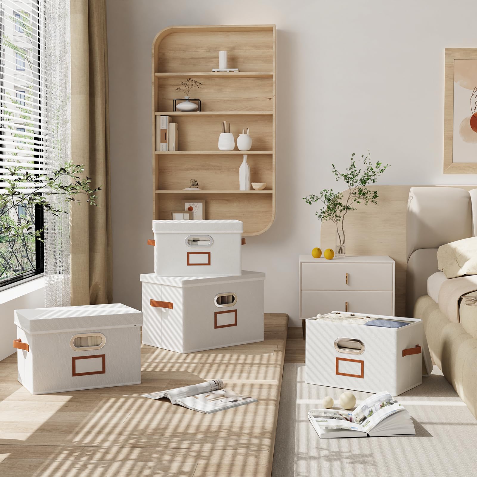 OUTBROS Cajas Almacenamiento, Contenedores, Juego de 3, 45x30x30cm, Blanco | Cajas de almacenamiento plegables, Contenedores de tela con tapas de organizadora para guardar ropa
