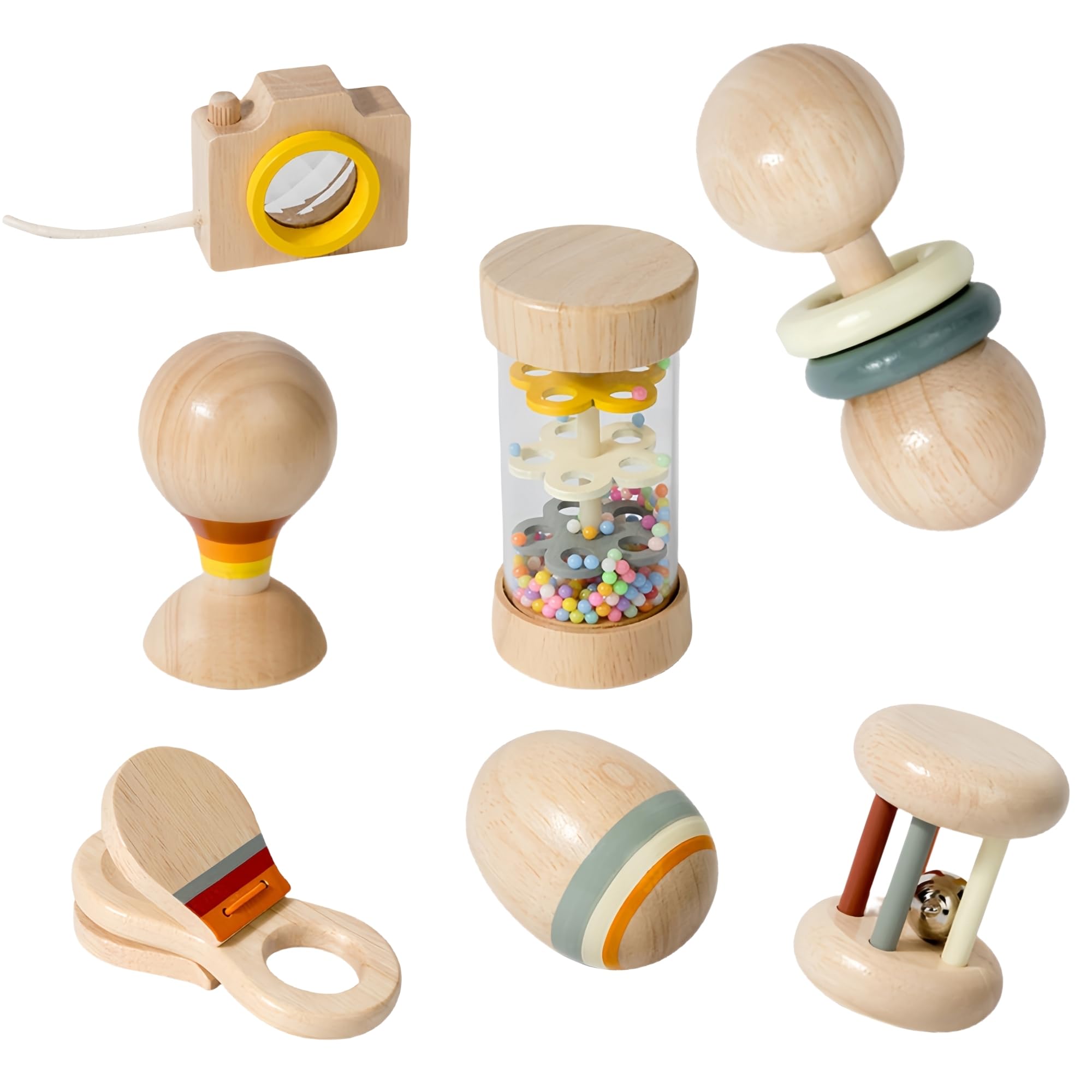 7 PCS Wooden Baby Toys Set - Organic Infant Rattles Newborns 0-6 Month & Montessori-Inspired Musical Instruments for 0-12 Month - Natural Toddler Developmental Toys