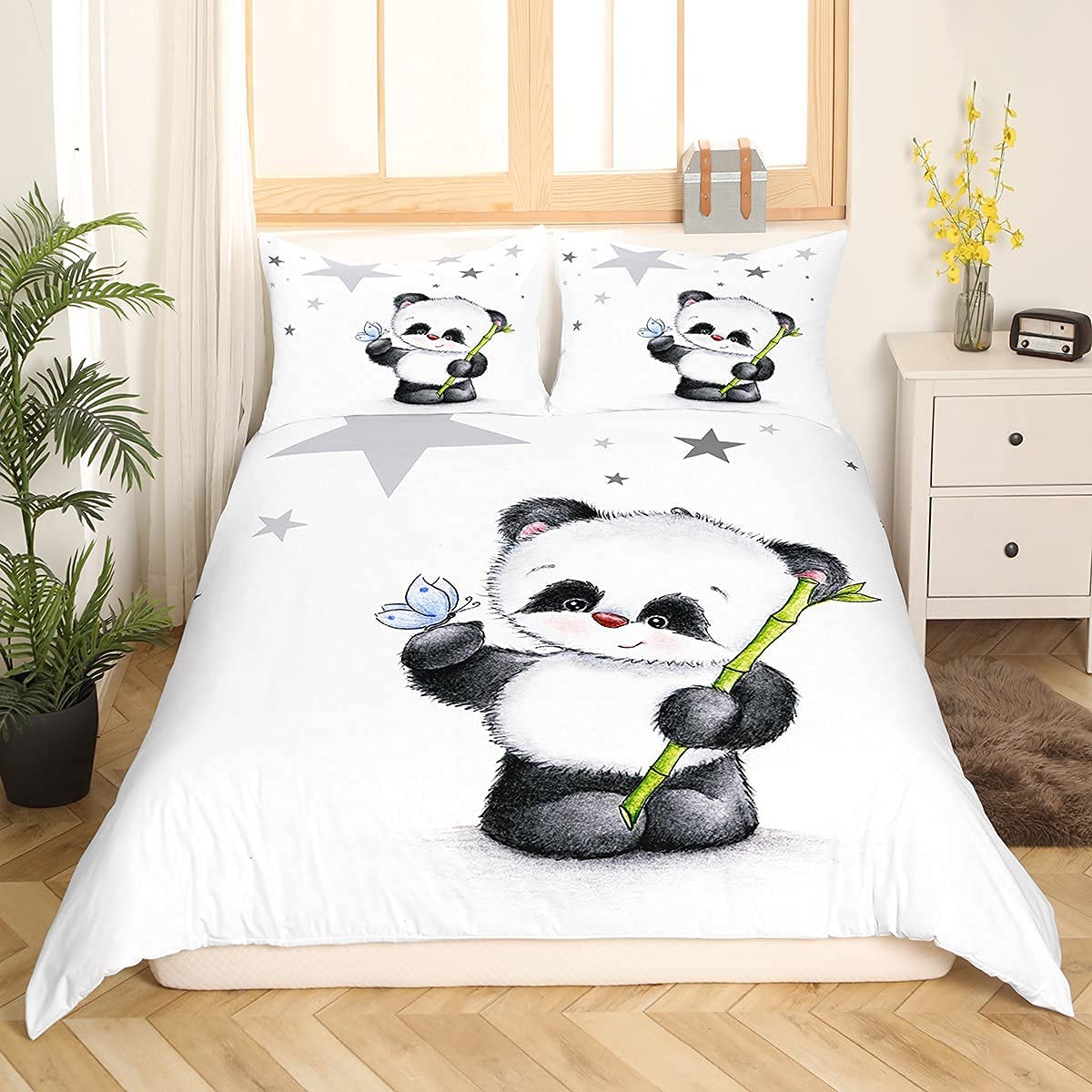 Kids Panda Bedding & Linen Bamboo Girly Lovely Animal Cartoon Style Bedding Set 2 Piece Butterfly Stars Duvet Cover Black and White for Girls Boys Child Single Size - Image 3