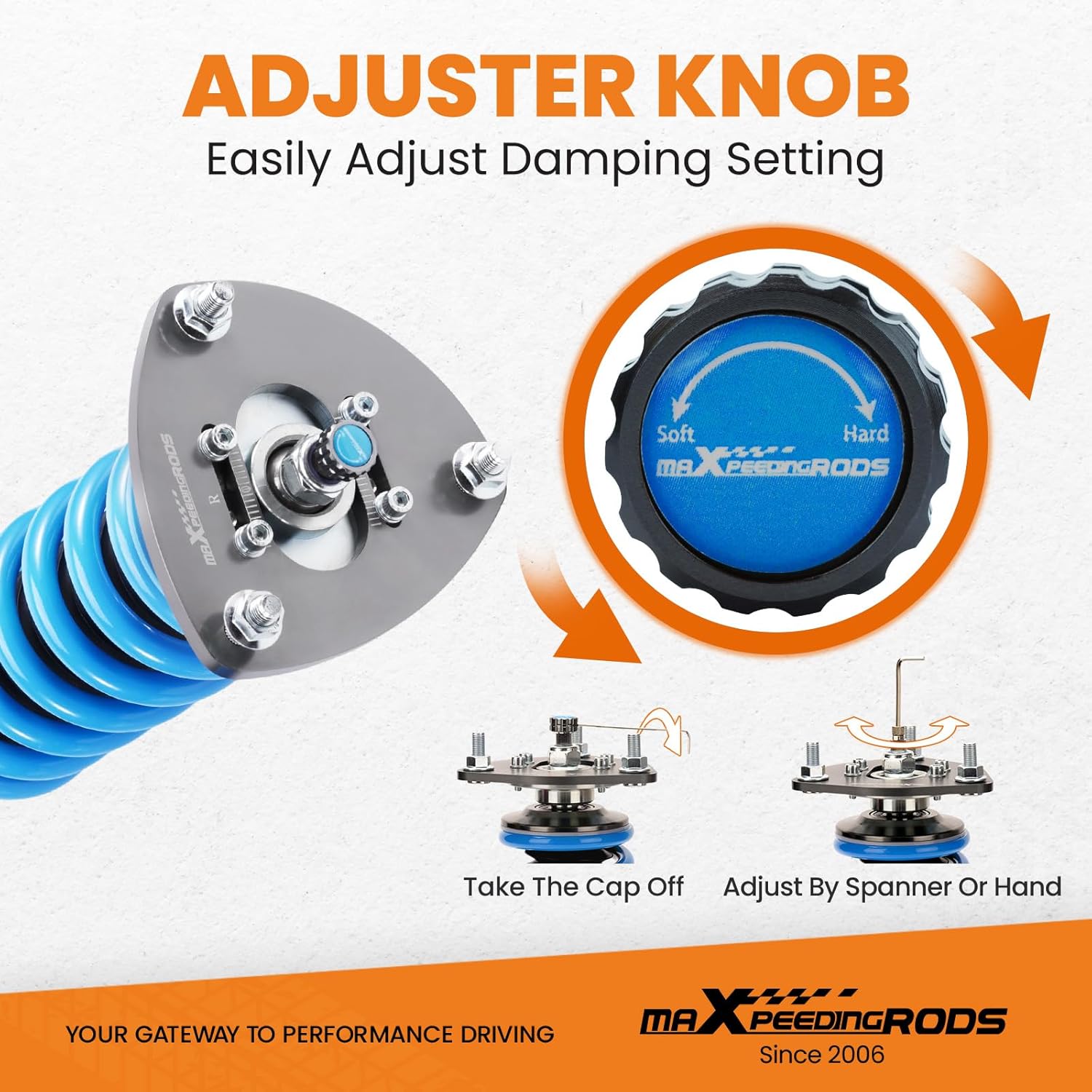 Close-up of the damping adjuster knob on a coilover, showing 'Soft' and 'Hard' settings with arrows indicating adjustment direction. An inset diagram shows how to remove the cap and adjust with a spanner or hand.