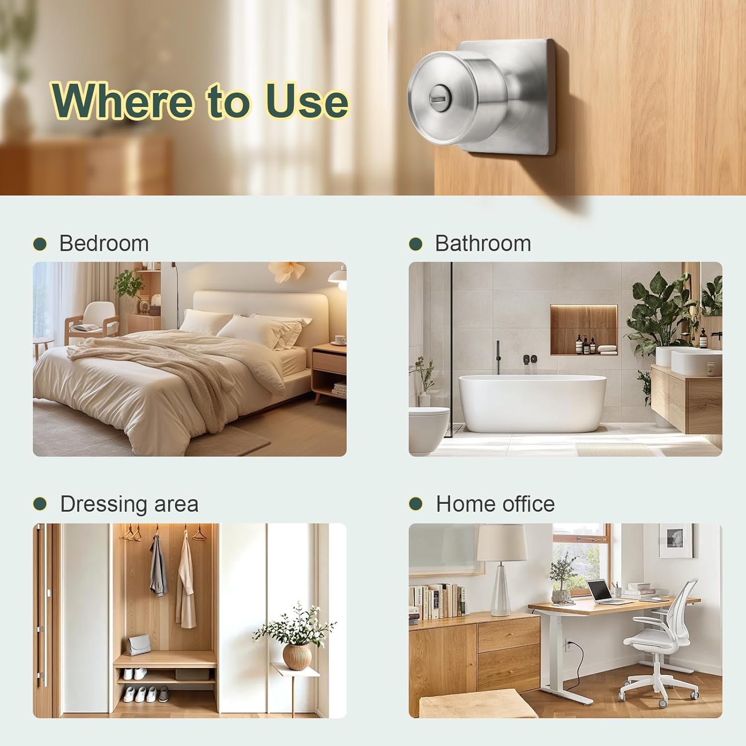 Tulip Privacy Door Knob with Square Backplate, Modern Cylindrical Square Rosette Keyless Lock for Bedroom and Bathroom, Quiet & Easy Install, Satin Nickel, 4 Pack