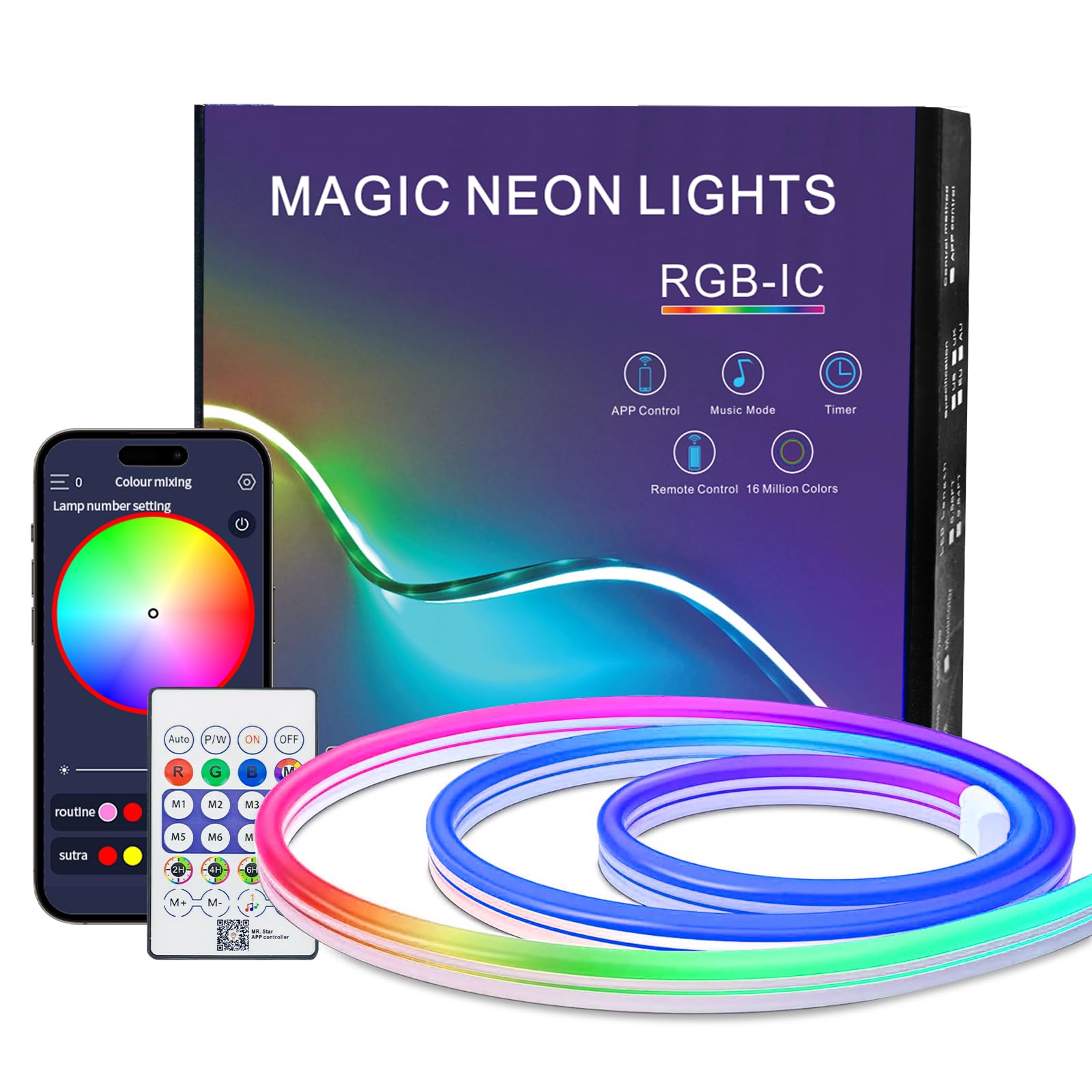 Neon LED Strip 1 m, IP67 Waterproof RGB LED Strip Neon Rope Lamp with App and Remote Control, DIY Shapes, Music Sync for Living Room, Bedroom, Wall Decoration, Gaming Decoration