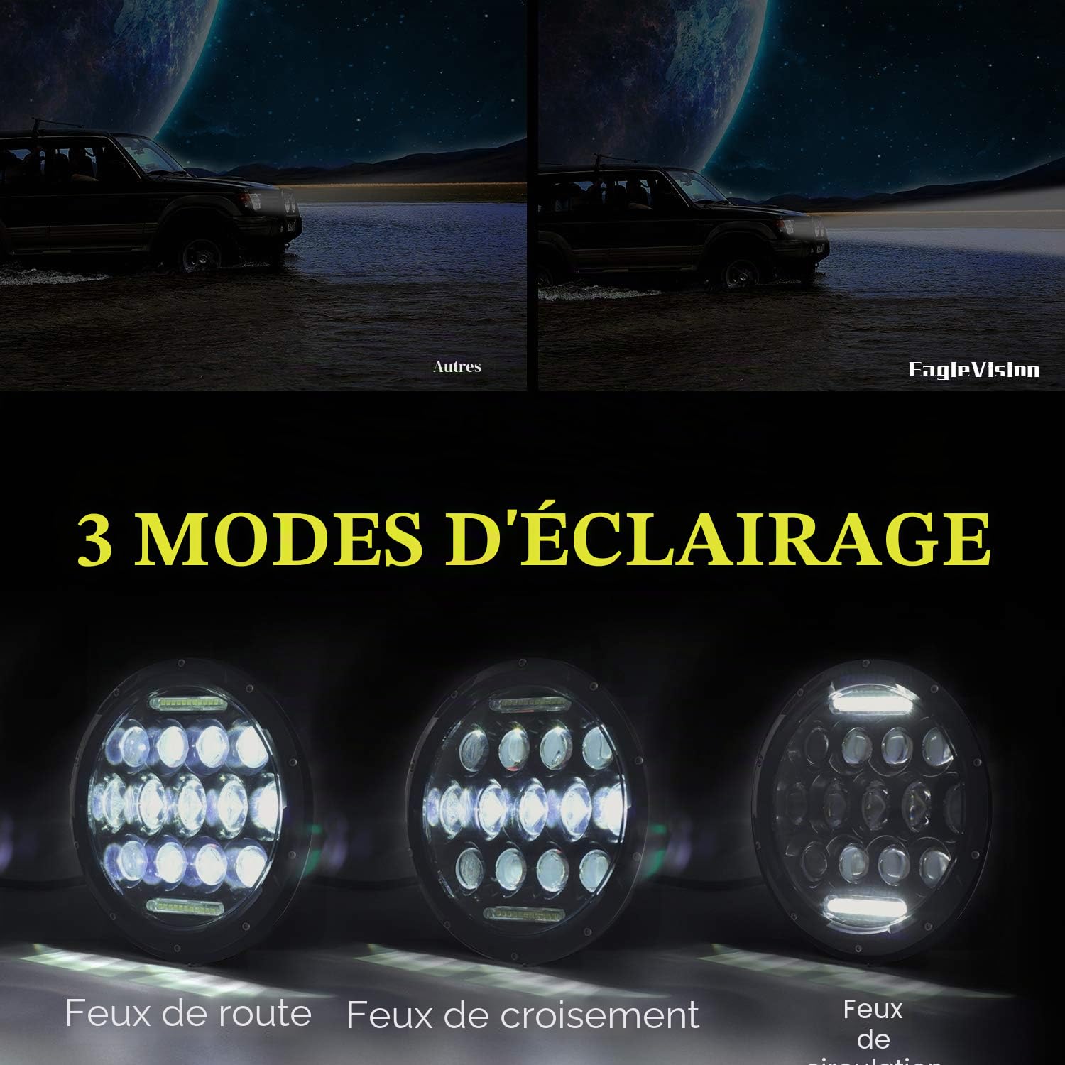 Ricoy Lot de 2 phares LED pour projecteur DRL 7" pouce 150 W avec feux de route pour moto Wrangler JK TJ LJ CJ 1997-2017