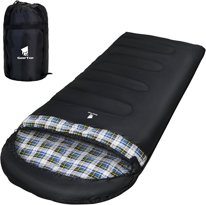 GEERTOP Hálózsák XXL 220x100cm Felnőtt 3-4 Évszak Flanell Bélés Kempingezés Túrázás Outdoor Fekete Kék Kockás