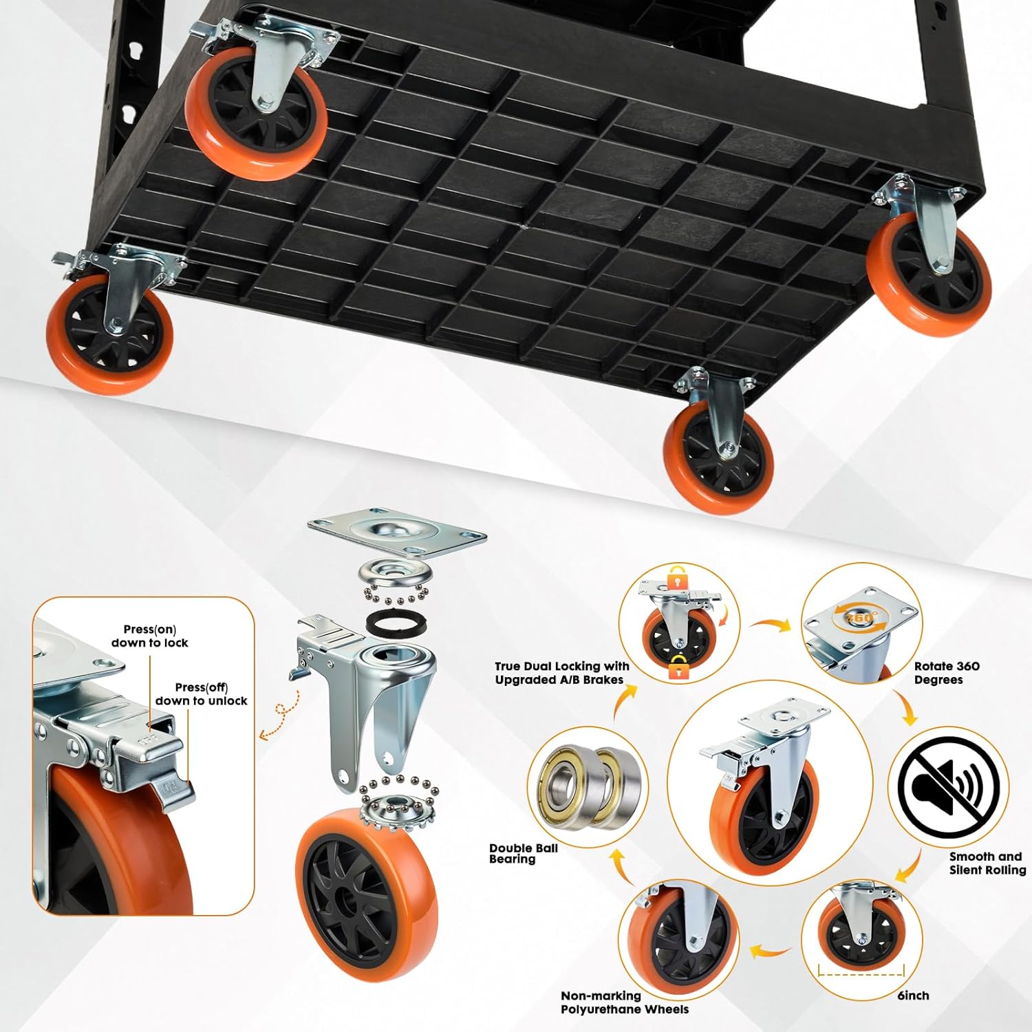 ELAFROS Extra Large Heavy Duty Utility Cart 39.9 x 24.6 Inch - Work Cart Big 2-Tier Plastic Rolling Service Cart with Deep Shelves, 6 Inch Casters, 550 lbs Capacity, Black