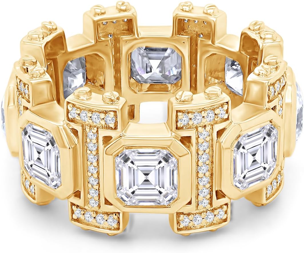 7 3/4 Carat Center 5.5MM Asscher & Round Cut Lab Created Moissanite Men's Eternity Wedding Band Ring In 10K Or 14K Solid Gold Jewelry For Men (VVS1 Clarity, 7.75 Cttw)