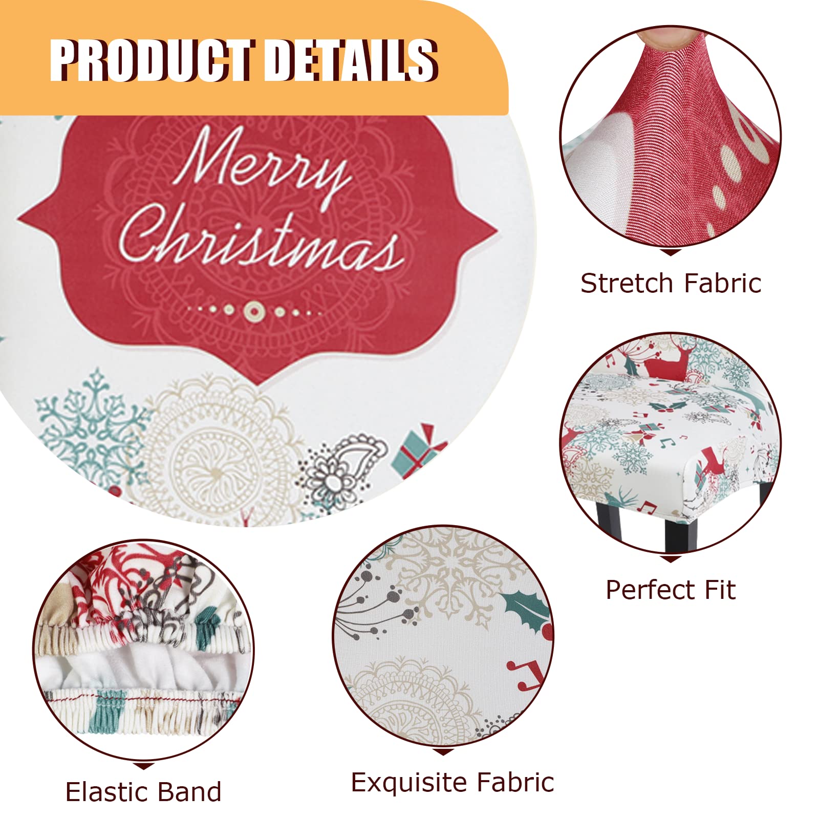 Jaotto Coprisedie Natalizie 6 Pezzi Coprisedia Elasticizzati con Schienale Fodere Coprisedie Universale per Sala da Pranzo Cucina Natale Coprisedia Lavabile Coperture per Sedie,Crema/Natale